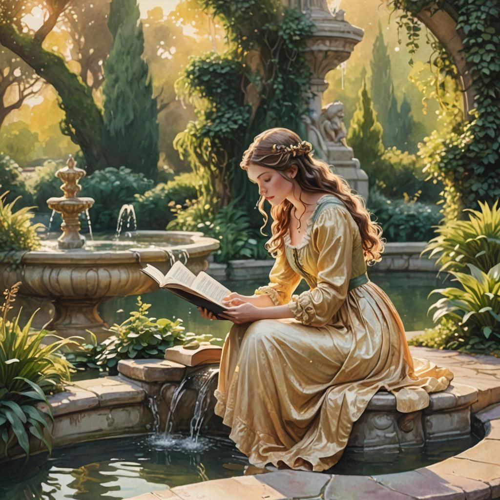 Belle Reading: A Whimsical Art Nouveau Illustration