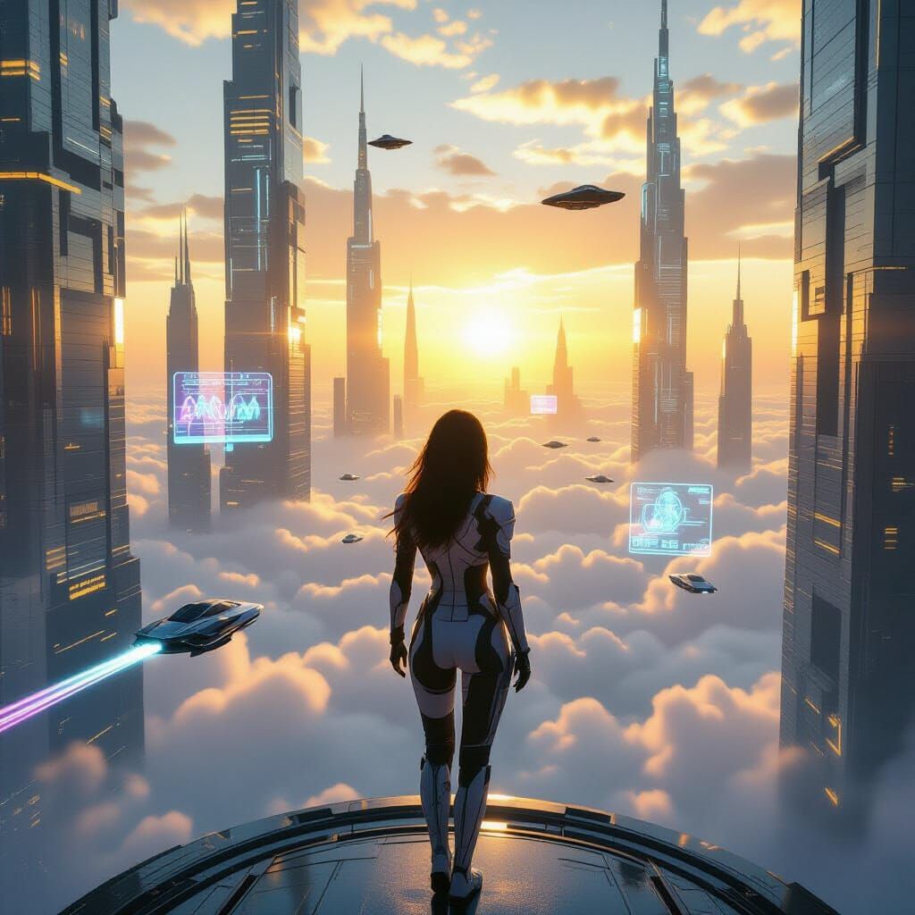 Futuristic Cityscape with Flying Cars in Sunlight