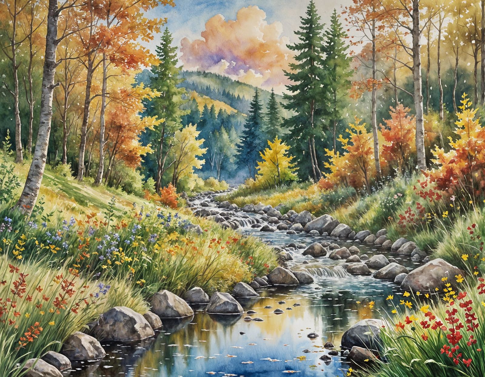 Watercolor Autumn Forest Scene with Golden Light