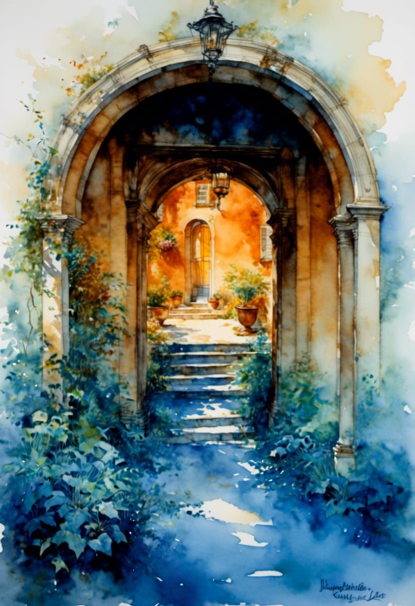 French Countryside Scene, 1917, as Watercolor