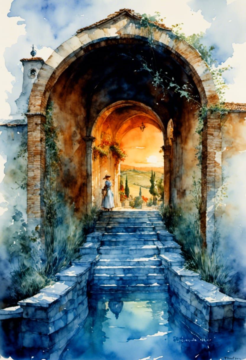 French Countryside Scene in Watercolor Style
