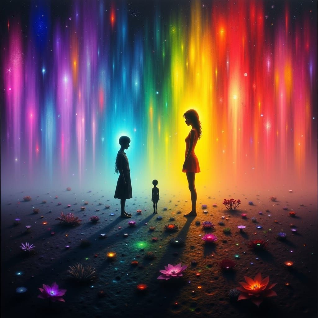 Loving Couple in Dreamlike Landscape with Volumetric Lightin...