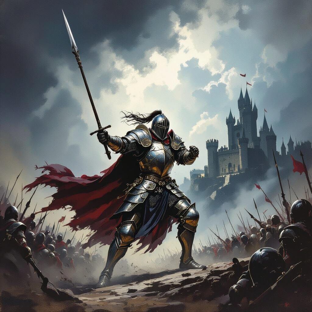 Knight Charges in Stormy Jousting Tournament Poster