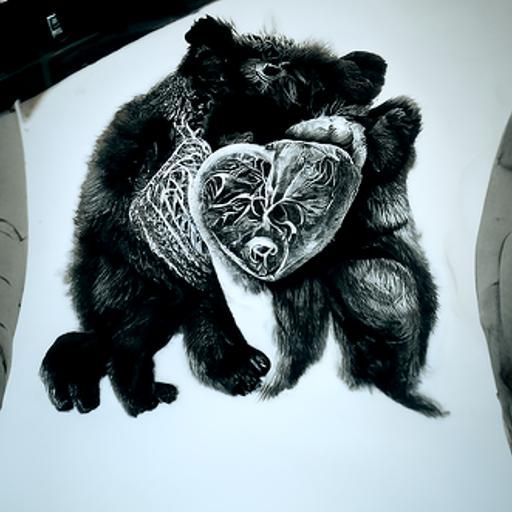 Hyperdetailed Charcoal Drawing of Bear Holding Heart