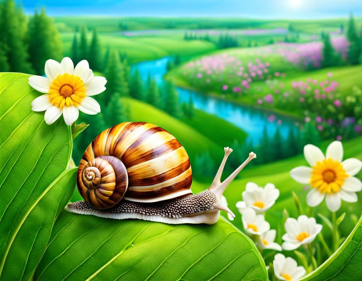Cute Snail in a Sunny Flower Landscape