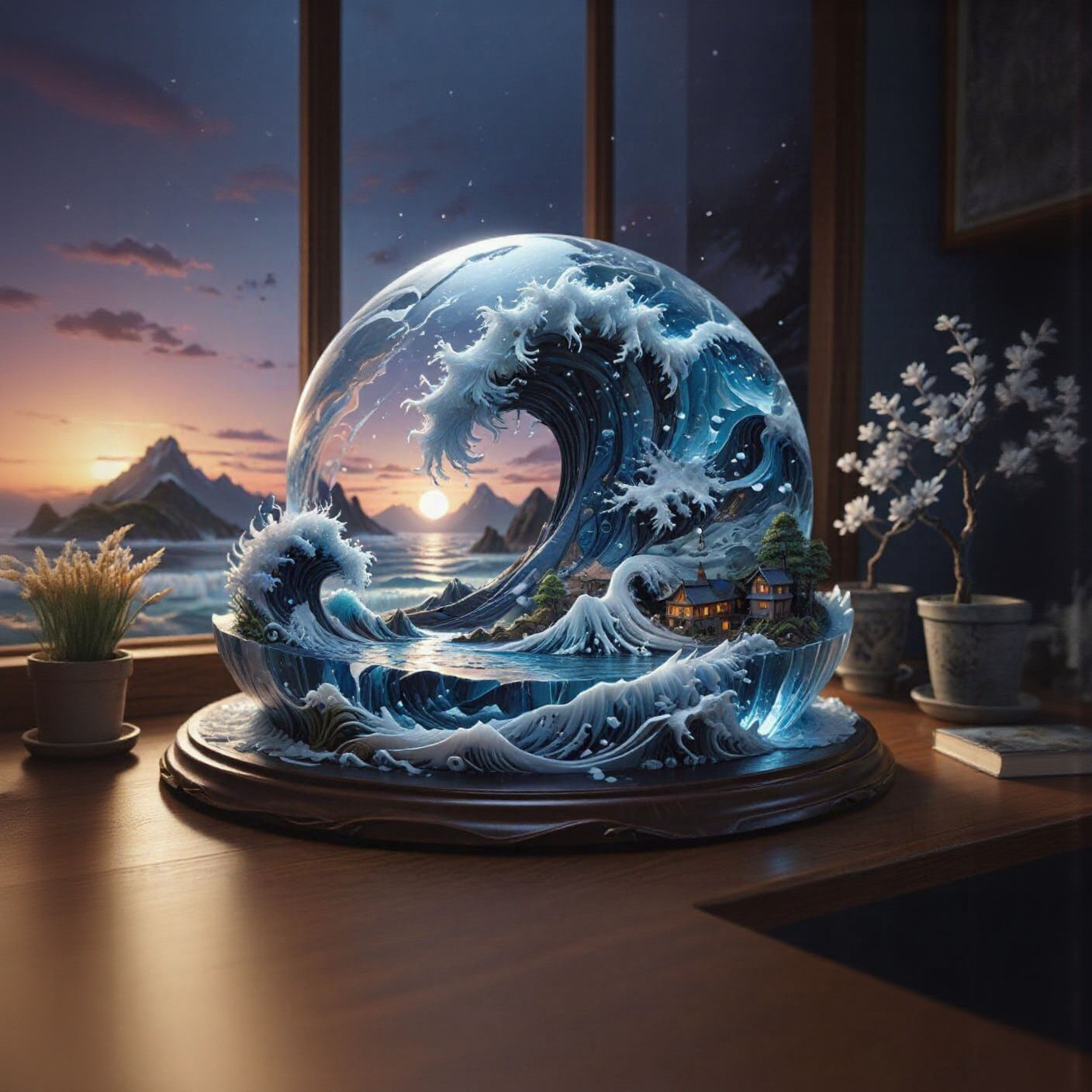 Papercraft Ocean Wave Sculpture in Japanese Ink Style