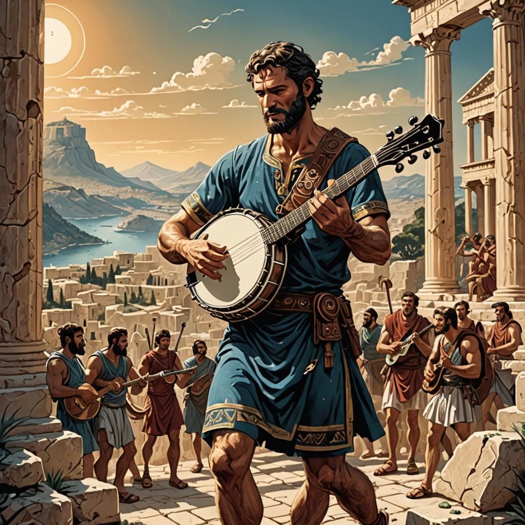 Man Plays Banjo in Ancient Greece, Comic Book Art