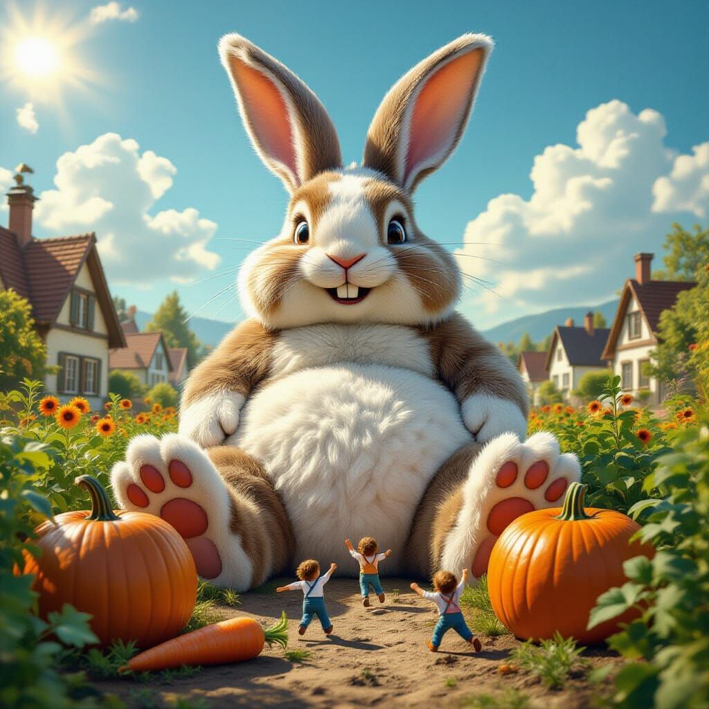 Giant Fluffy Rabbit in Surreal Vegetable Garden