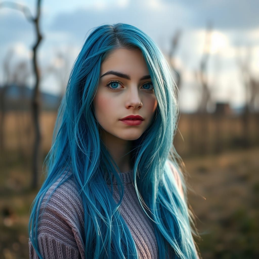 Blue-Haired Woman in Field: Digital Portrait