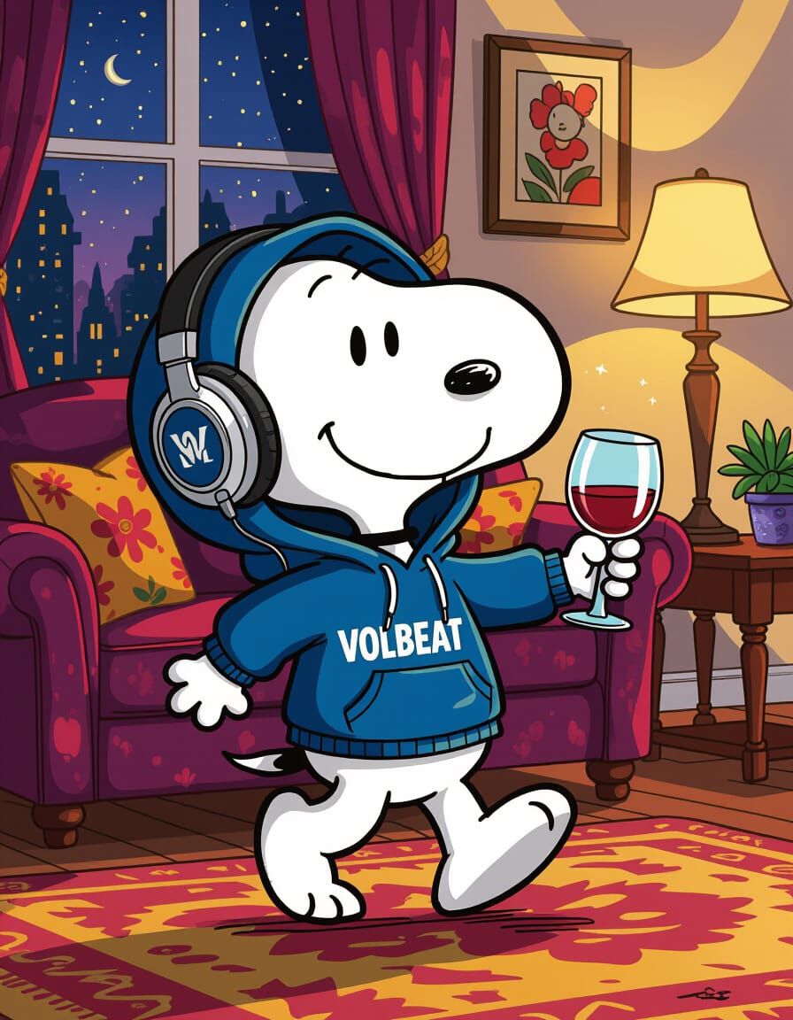 Snoopy Dancing in Living Room with Headphones