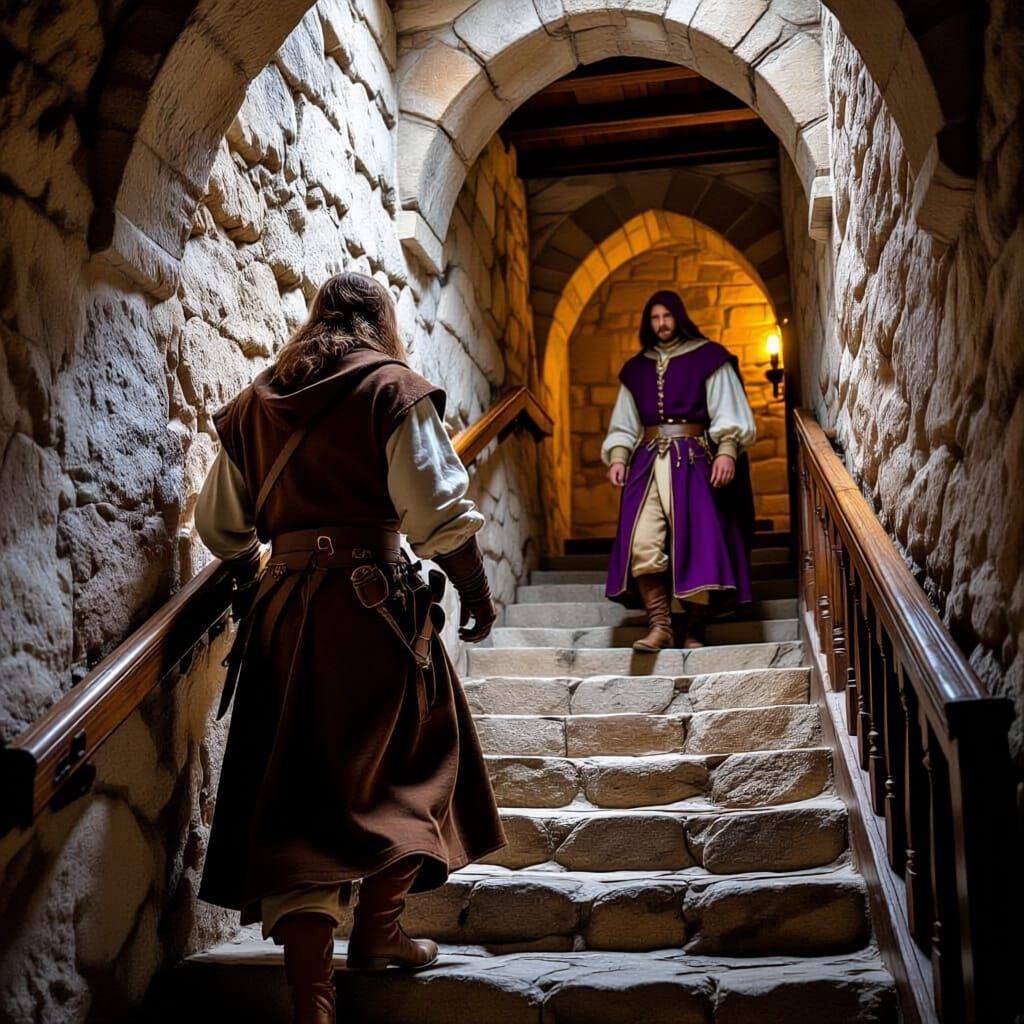 Medieval Stairwell Scene with Two Men