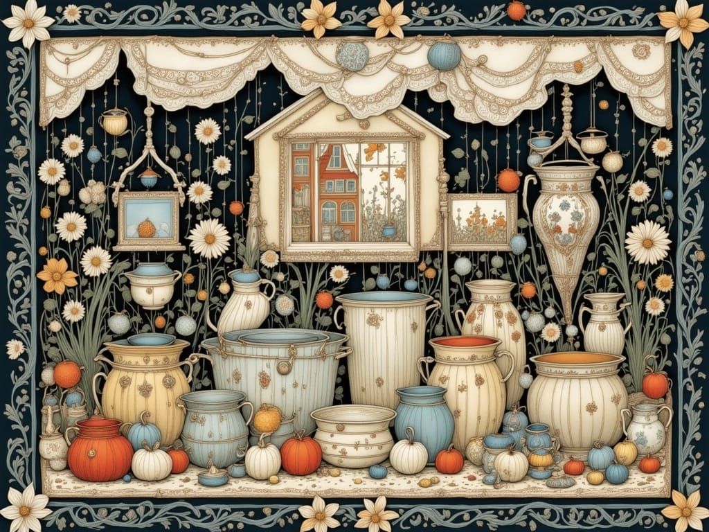 Surreal, Intricately Detailed Home Scene in a Whimsical Arti...