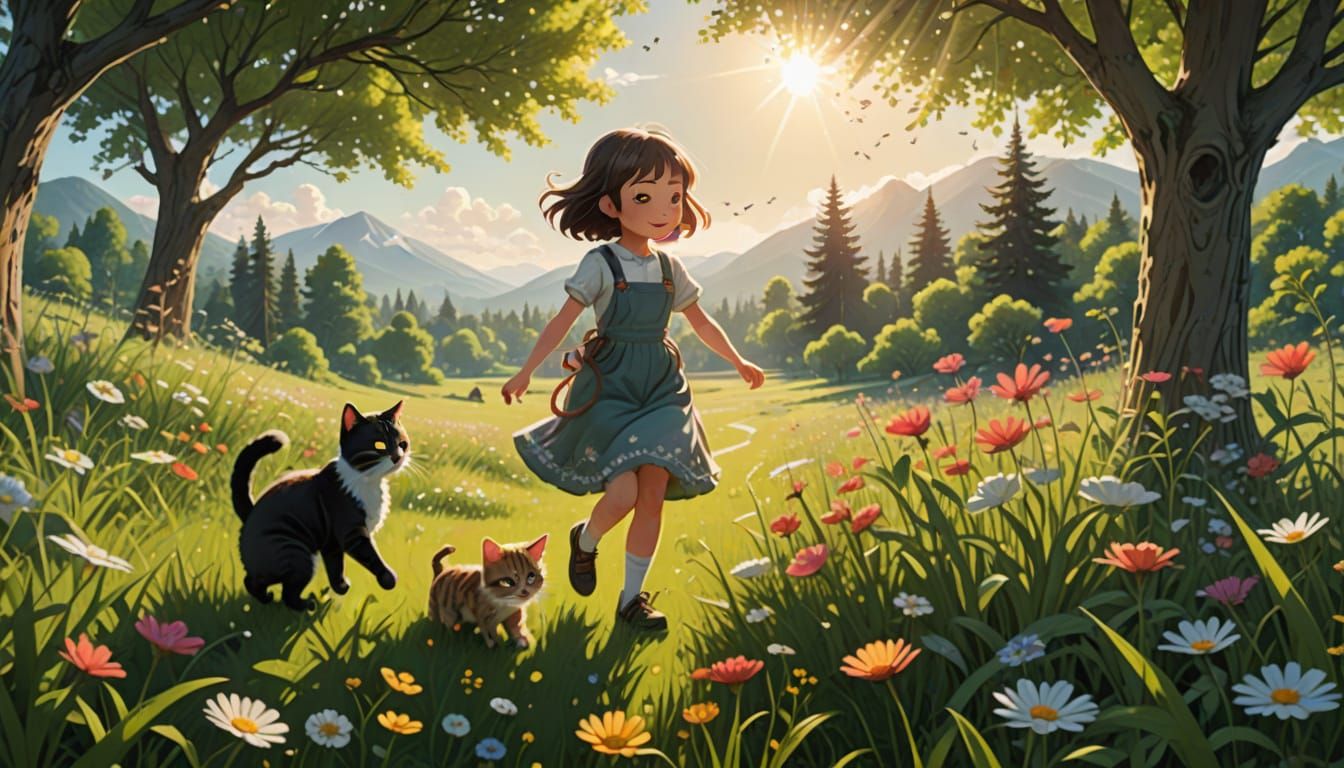 Kawaii Girl and Cat Playing in Meadow