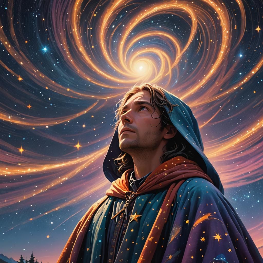 Celestial Stargazer Gazing into Vortex, Fantasy Art