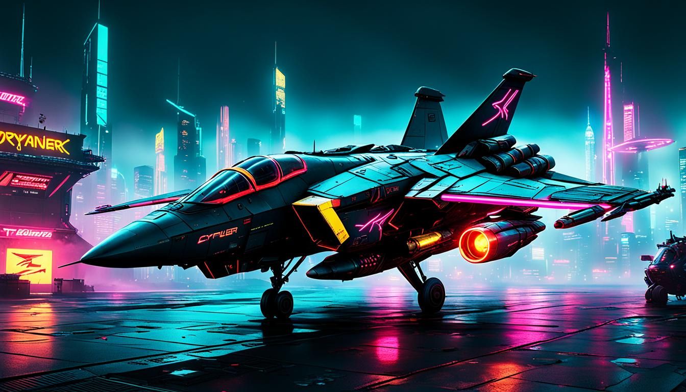 Cyberpunk Fighter Jet in Neon Cityscape