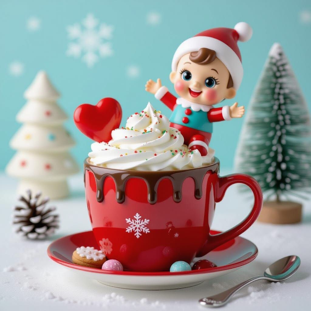 Kawaii Winter Scene: Hot Chocolate Mug with Adorable Clown