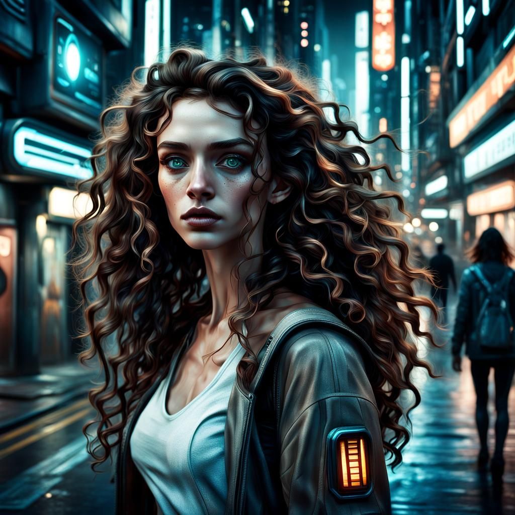 Woman Walks in Sci-Fi City at Night