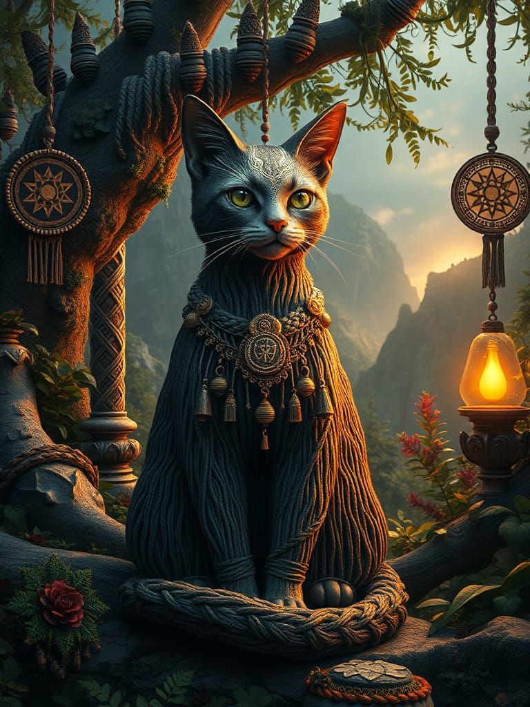 Macrame Cat in Fantasy Realm, Matte Painting