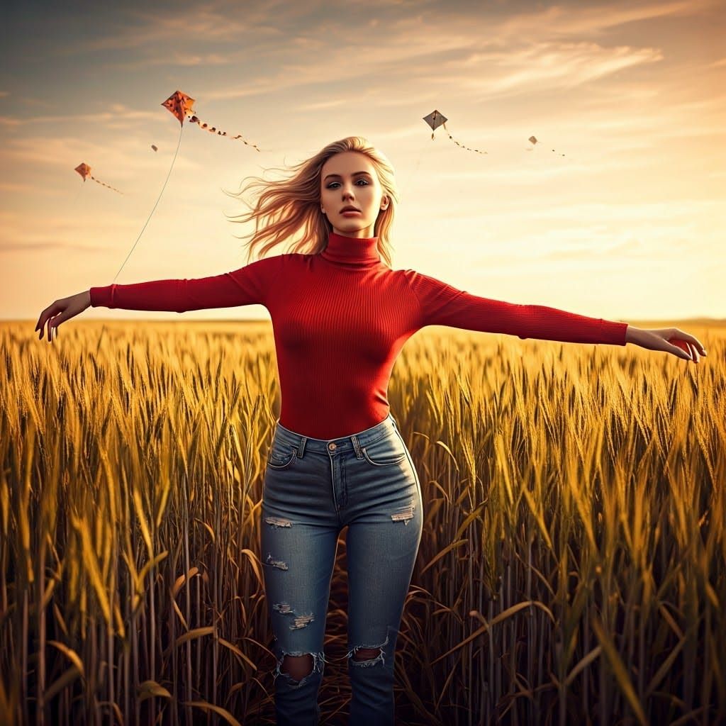 Woman in Wheat Field with Kites: Hyper-Realistic Style