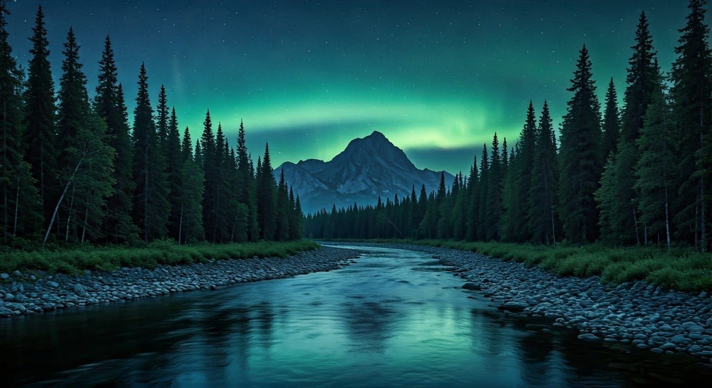 A Serene River at Night Under the Northern Lights