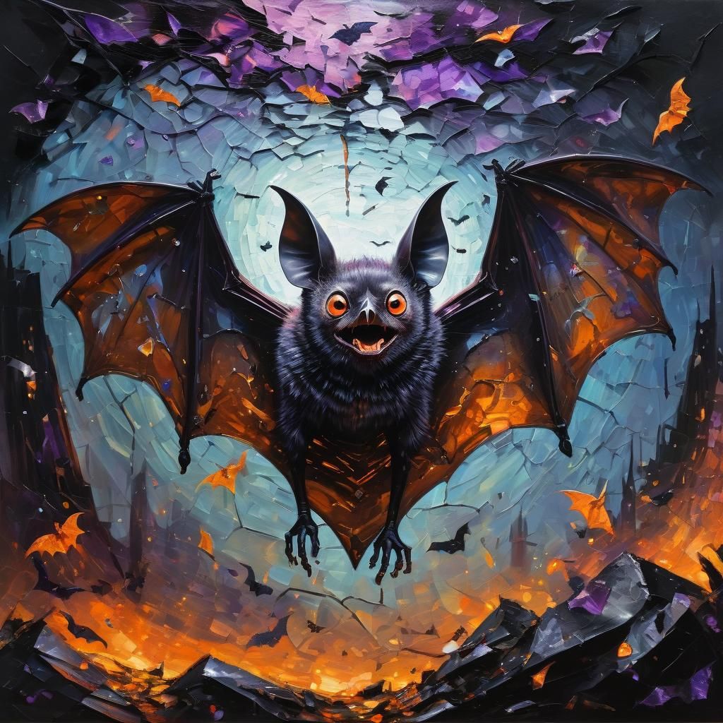 Upside-Down Bat in Maximalist Oil Painting