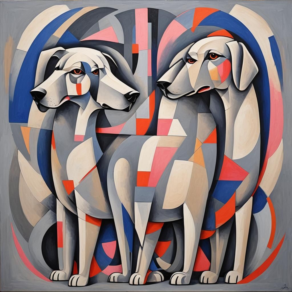 Abstract Acrylic Dog Painting in Cubist Style