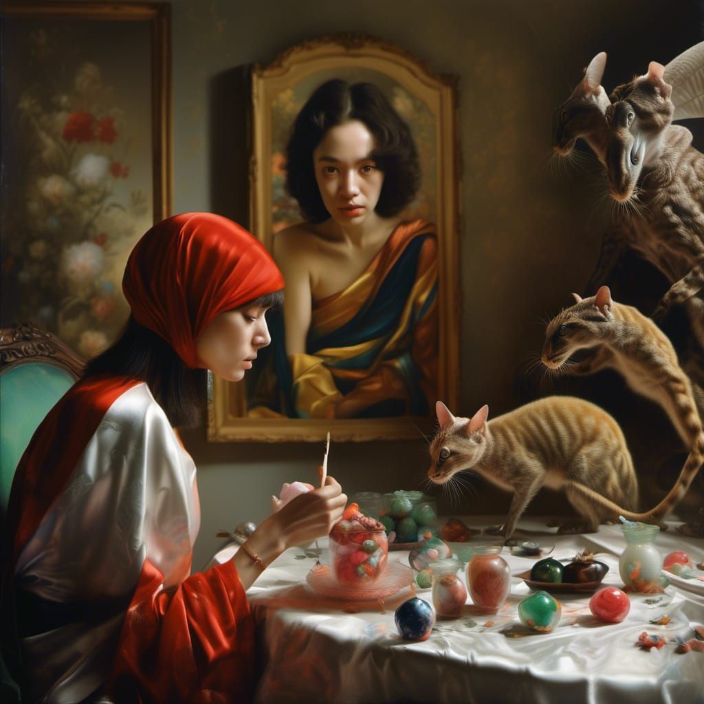 Abstract Alien Portrait with Pets in Hyperrealism