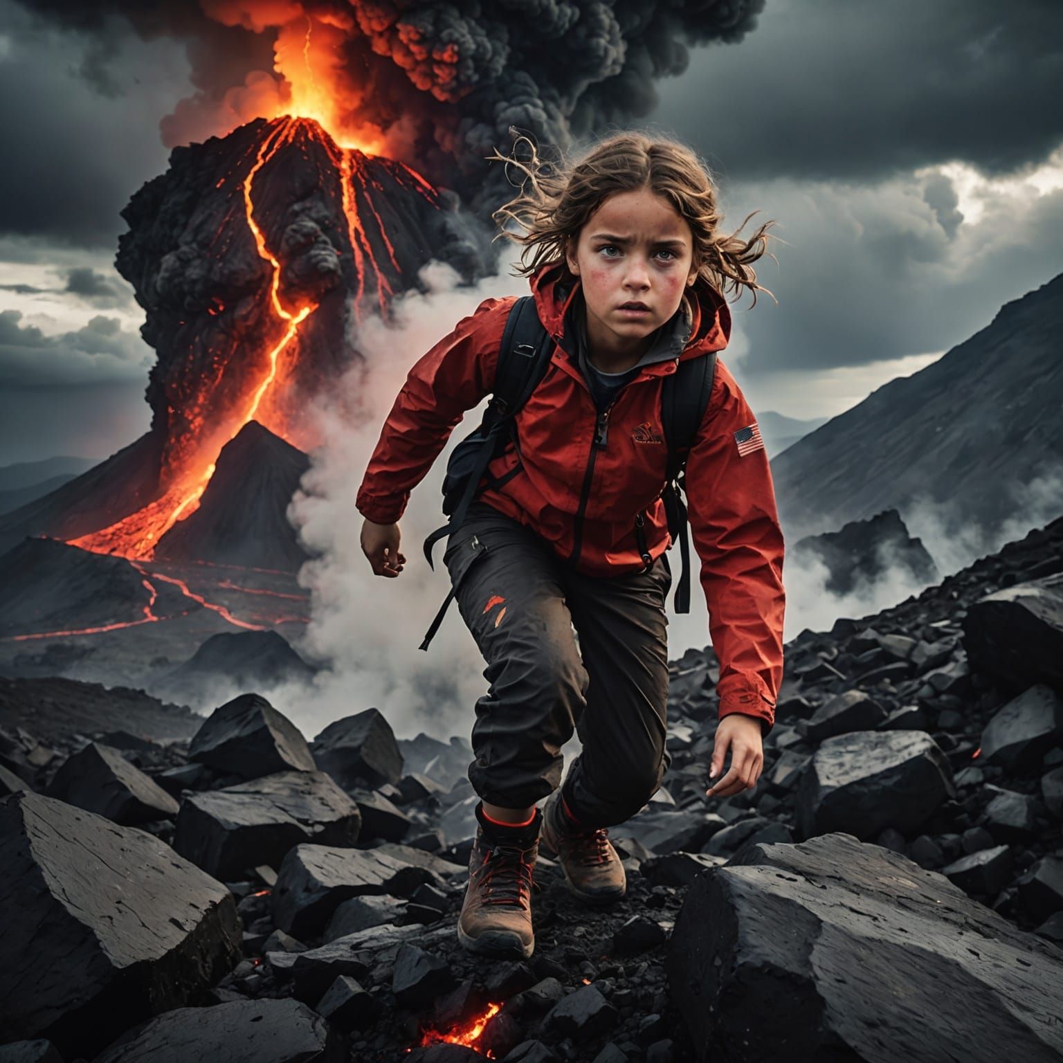 Girl Climbs Erupting Volcano Under Stormy Sky