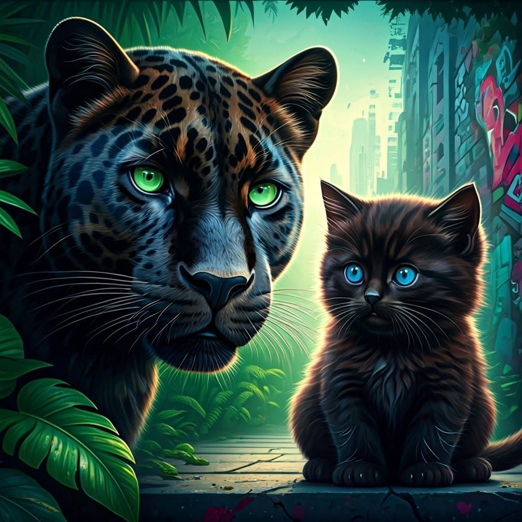 Black Panther and Kitten Face Off in Dazzling Graffiti Art