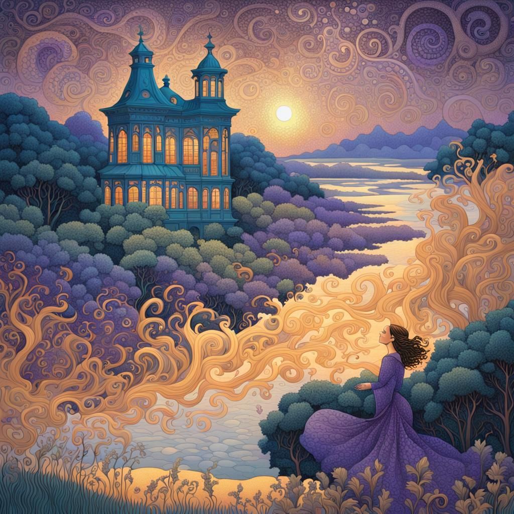 Eldritch Twilight: Woman in Vaporous Art Nouveau Landscape