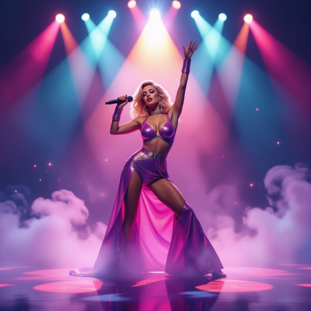 Glamorous Pop Star on Vibrant Stage in Digital Art Style