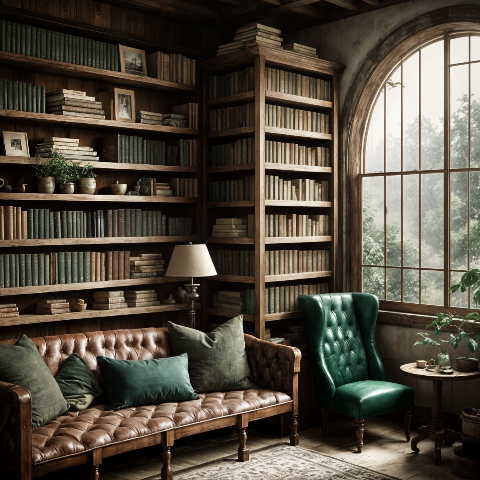 Andrew Wyeth
Earthy emerald library nook - rustic wooden she...