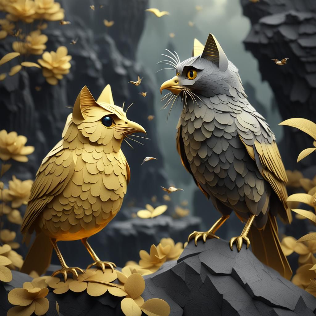 Mystical Bird and Cat Portrait in 3D