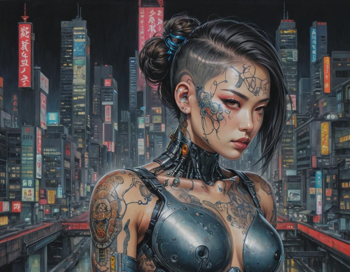 Cyberpunk girl in cyberpunk city by Ogata korin