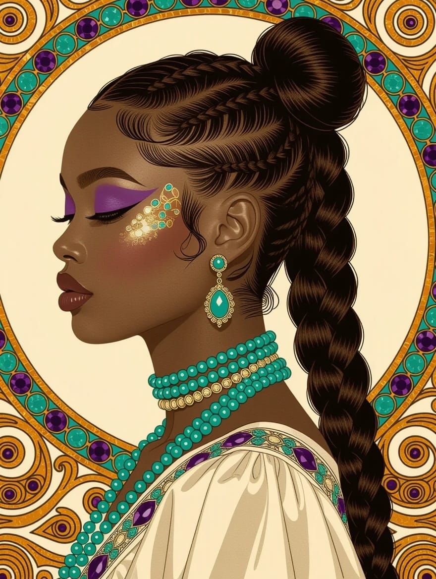 Woman with Braided Ponytail in Vibrant Turquoise and Purple