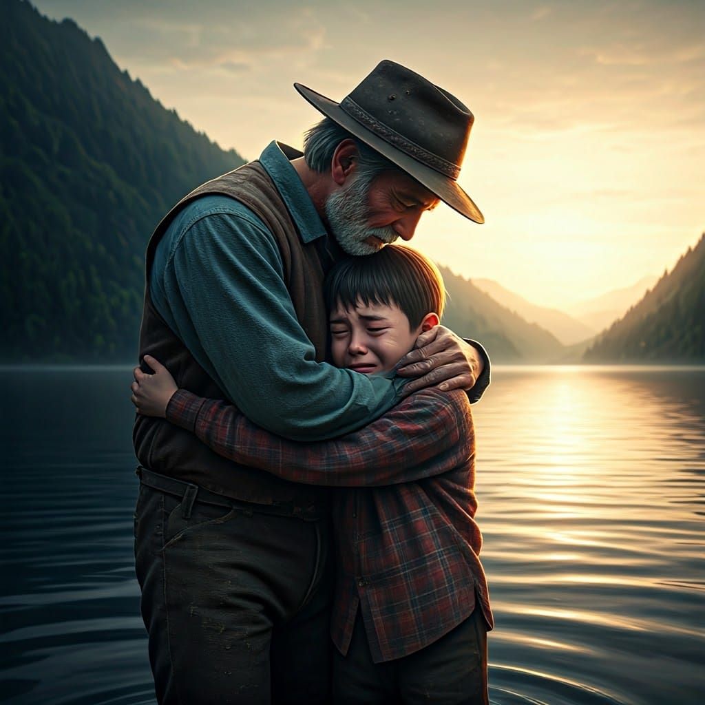 Boy and Father Embrace at Sunrise: Fantasy Landscape
