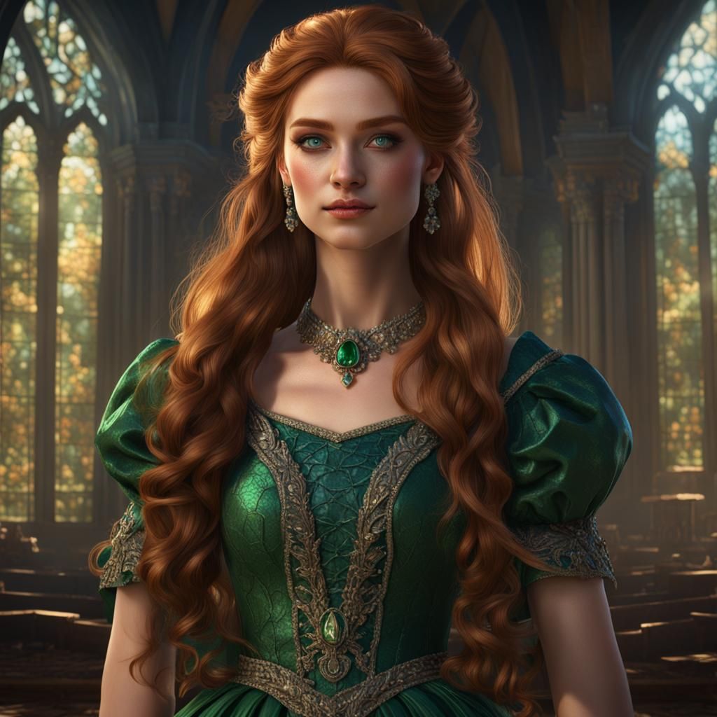Auburn-Haired Beauty in Regal Gown: Fantasy Art