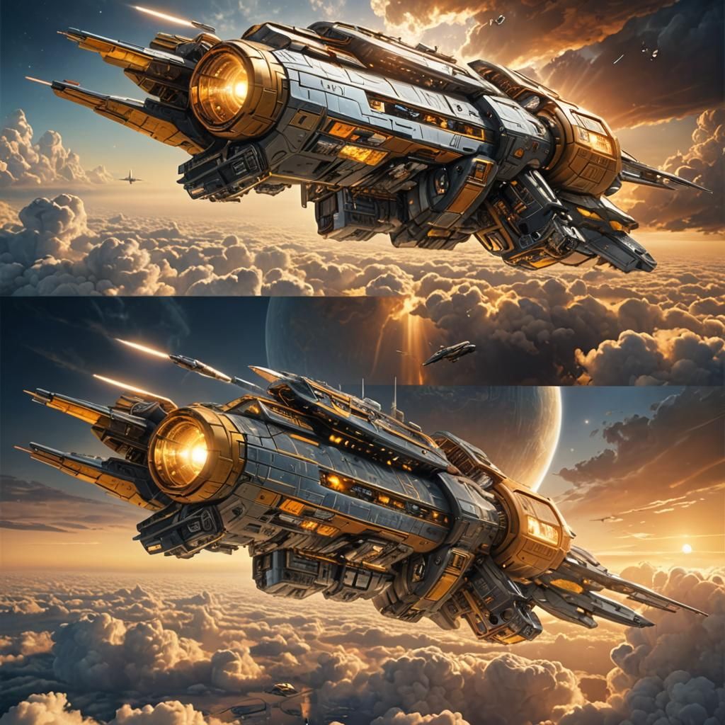 Futuristic Spacecrafts in Cloudy Sky: Cyberpunk Style