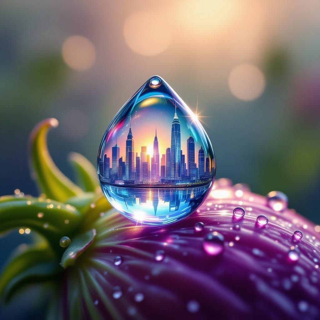 Dew Drop Reflects Futuristic City on Otherworldly Vegetable