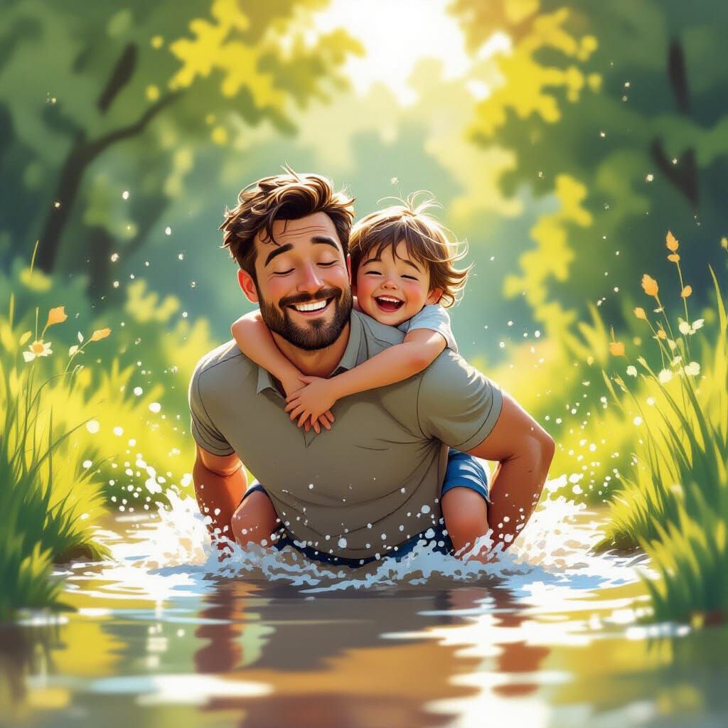 Father Gives Piggyback Ride Over Puddle in Storybook Style