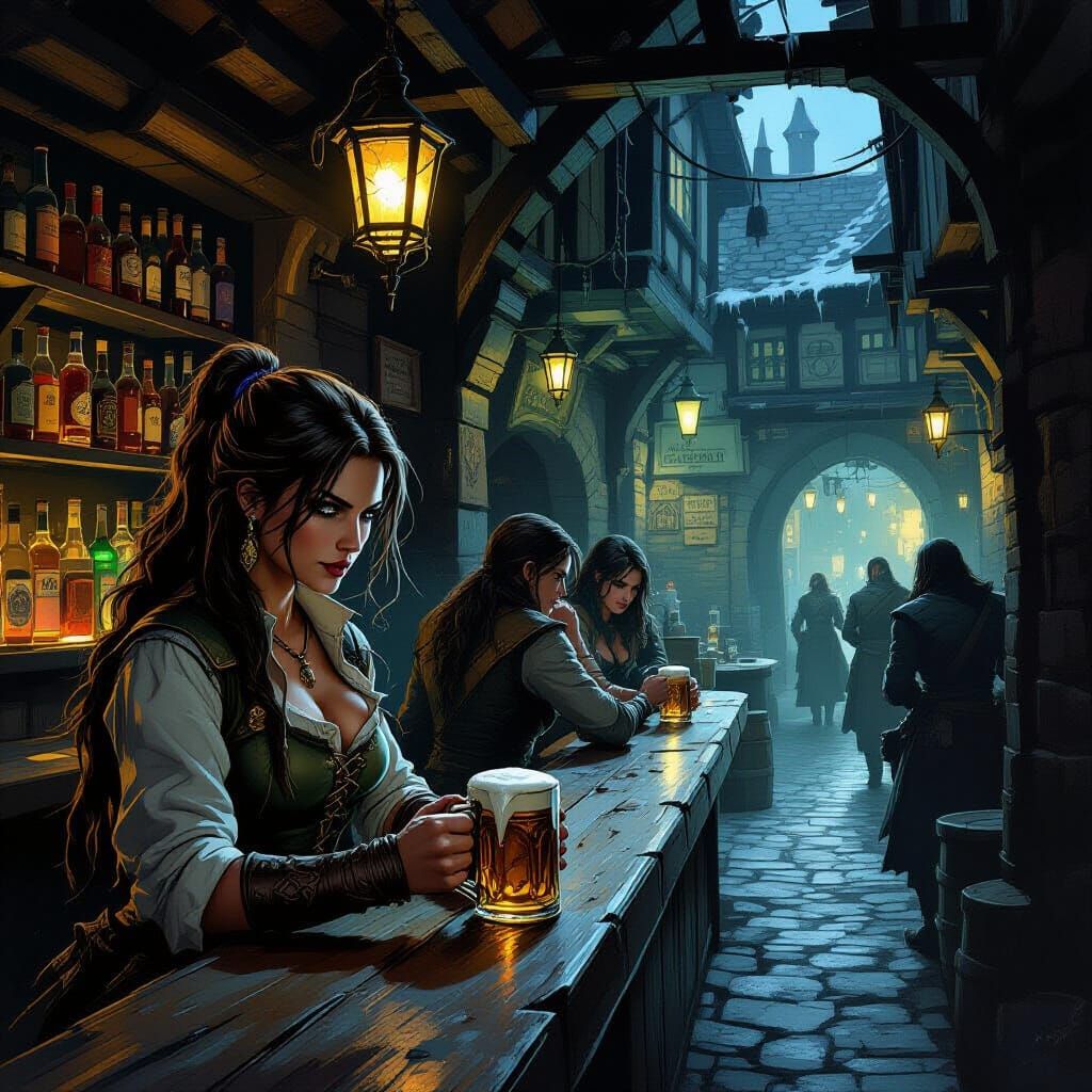 Bartender in Dimly Lit Tavern with Adventurers