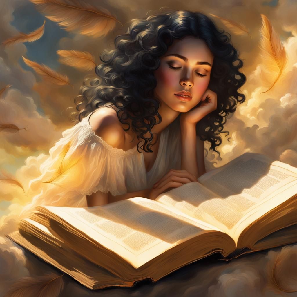 Woman with Ancient Book, Ethereal Glow, as Traditional Reali...
