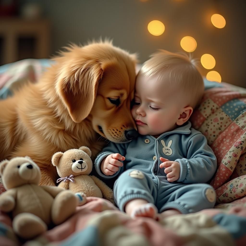 Golden Retriever Comforting Child in Nostalgic Realism