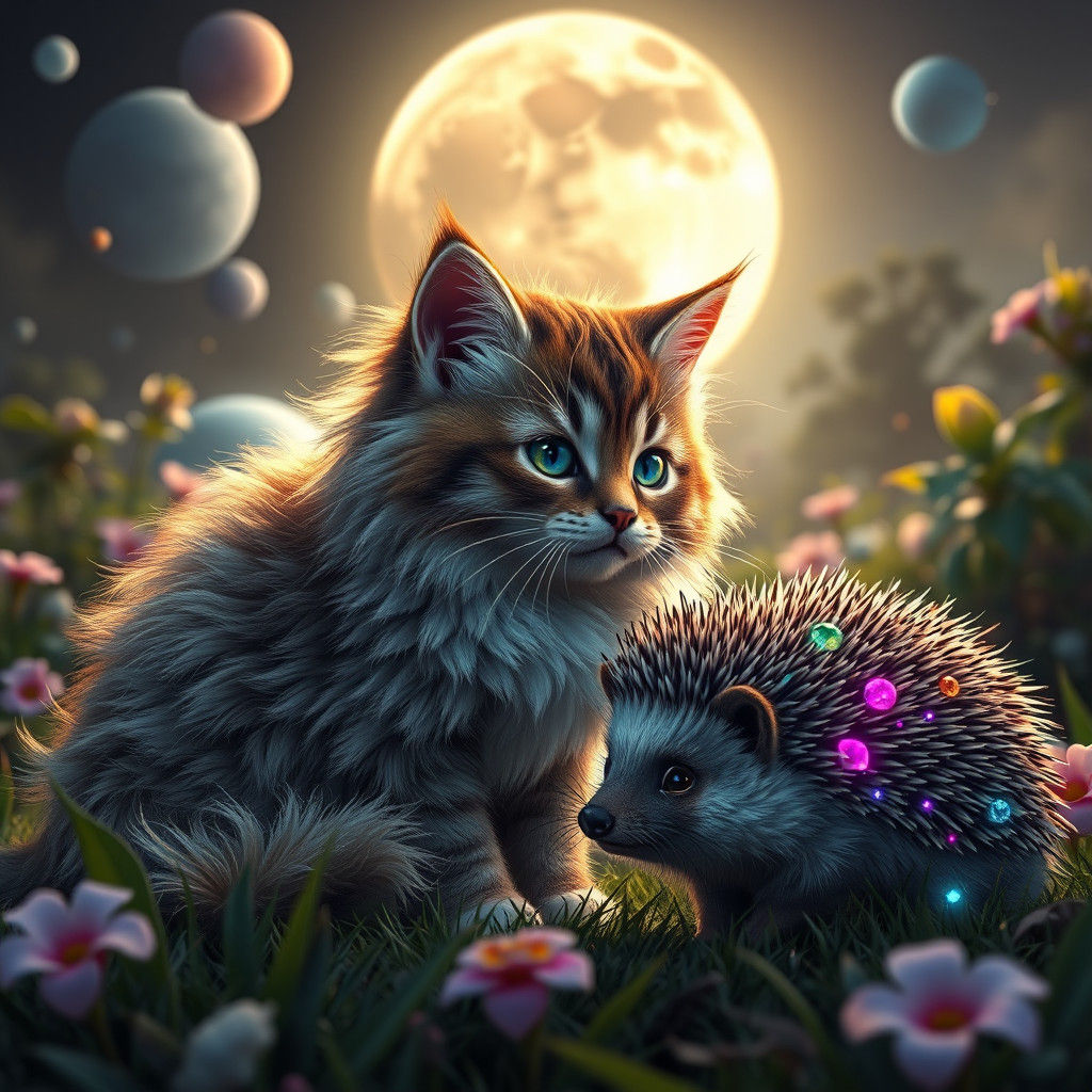 Fluffy Cat and Hedgehog Garden Under Moonlight