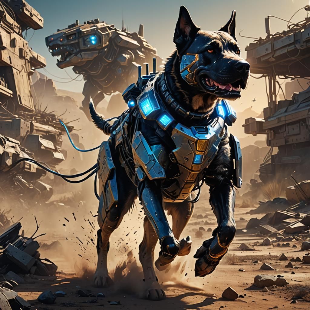 Armored Cybernetic Dog in Desolate Wasteland
