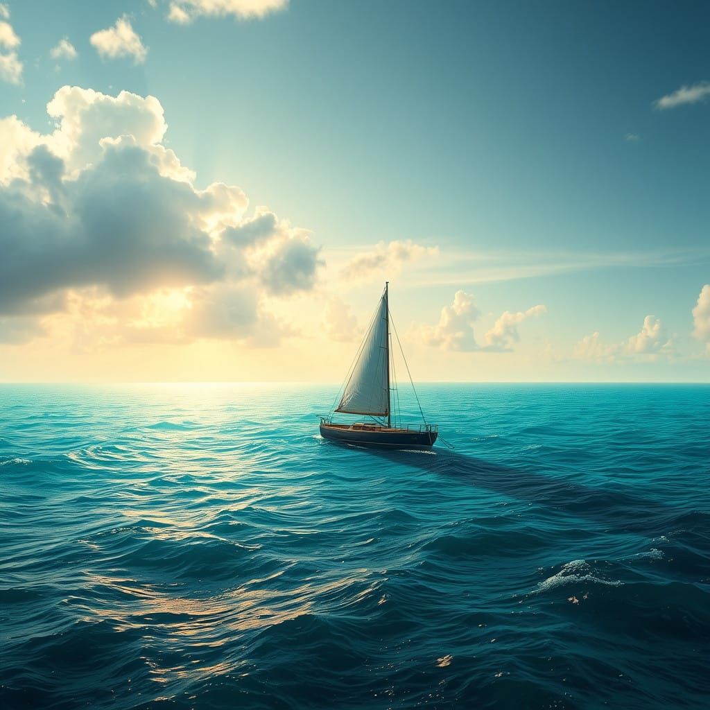 Vast Turquoise Ocean Landscape with Lone Sailboat