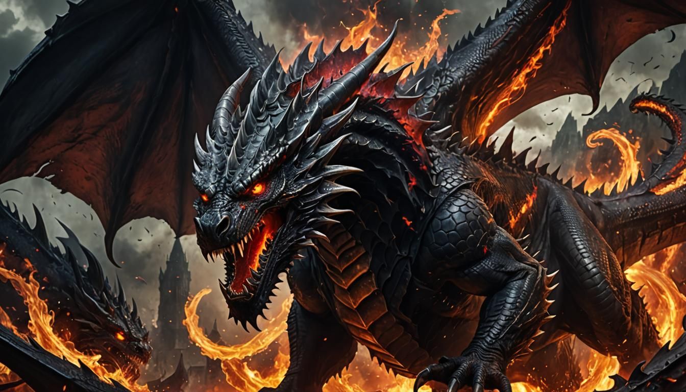 Majestic Black Dragon in Flight, Dark Fantasy Art