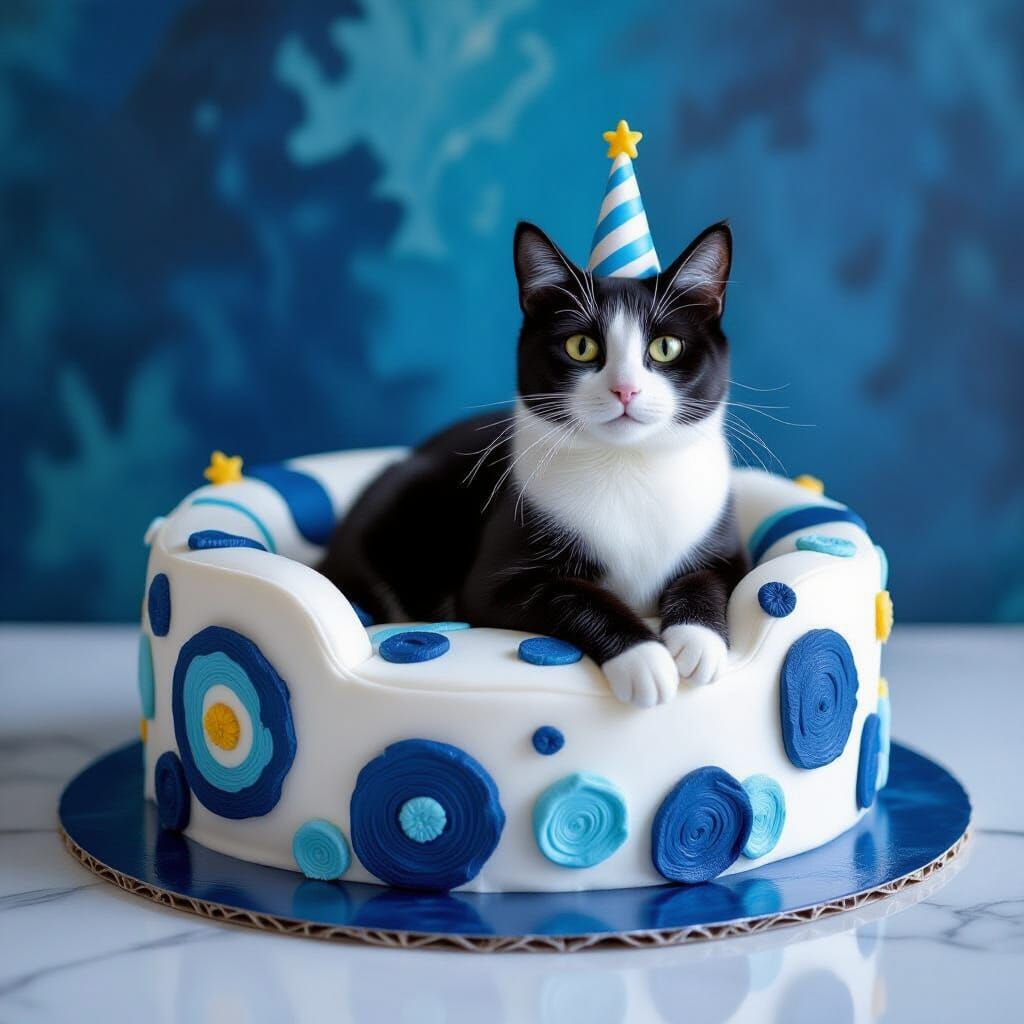 Whimsical Feline Birthday Cake in Abstract Style