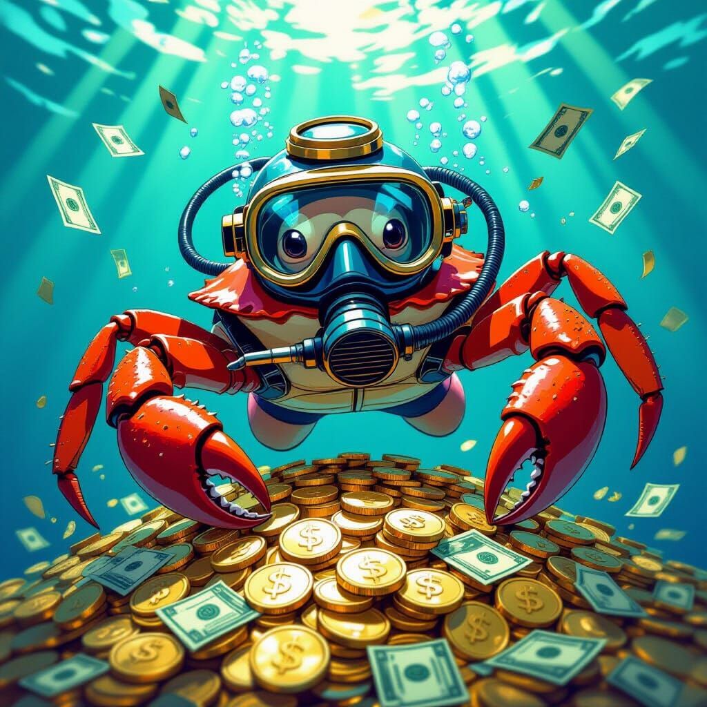 Whimsical Crab Diver in Cash Pile