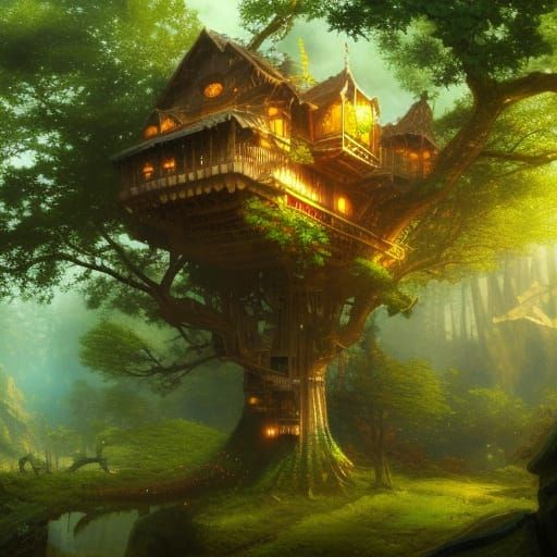 Majestic Vivid Treehouse in Dark Fantasy Style